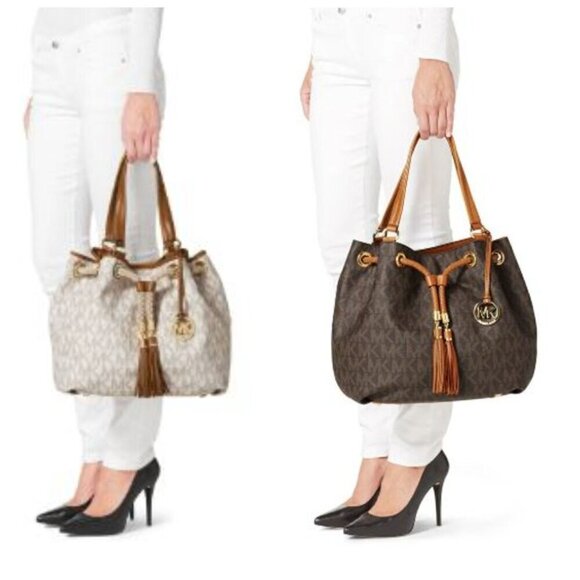 Michael Kors Jet Set Large Signature Gathered Hobo Satchel Tote Gold and Brown - Picture 3 of 16